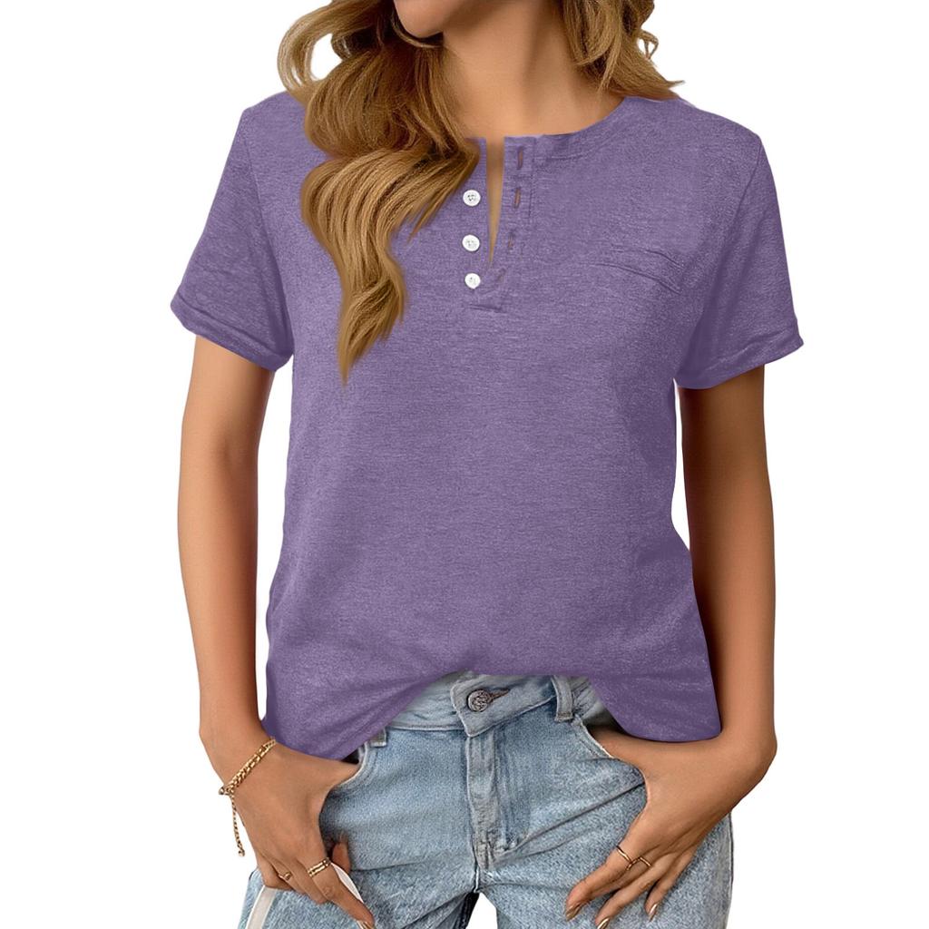 Women's Fashionable Casual Summer V-neck Button Short-sleeved Top
