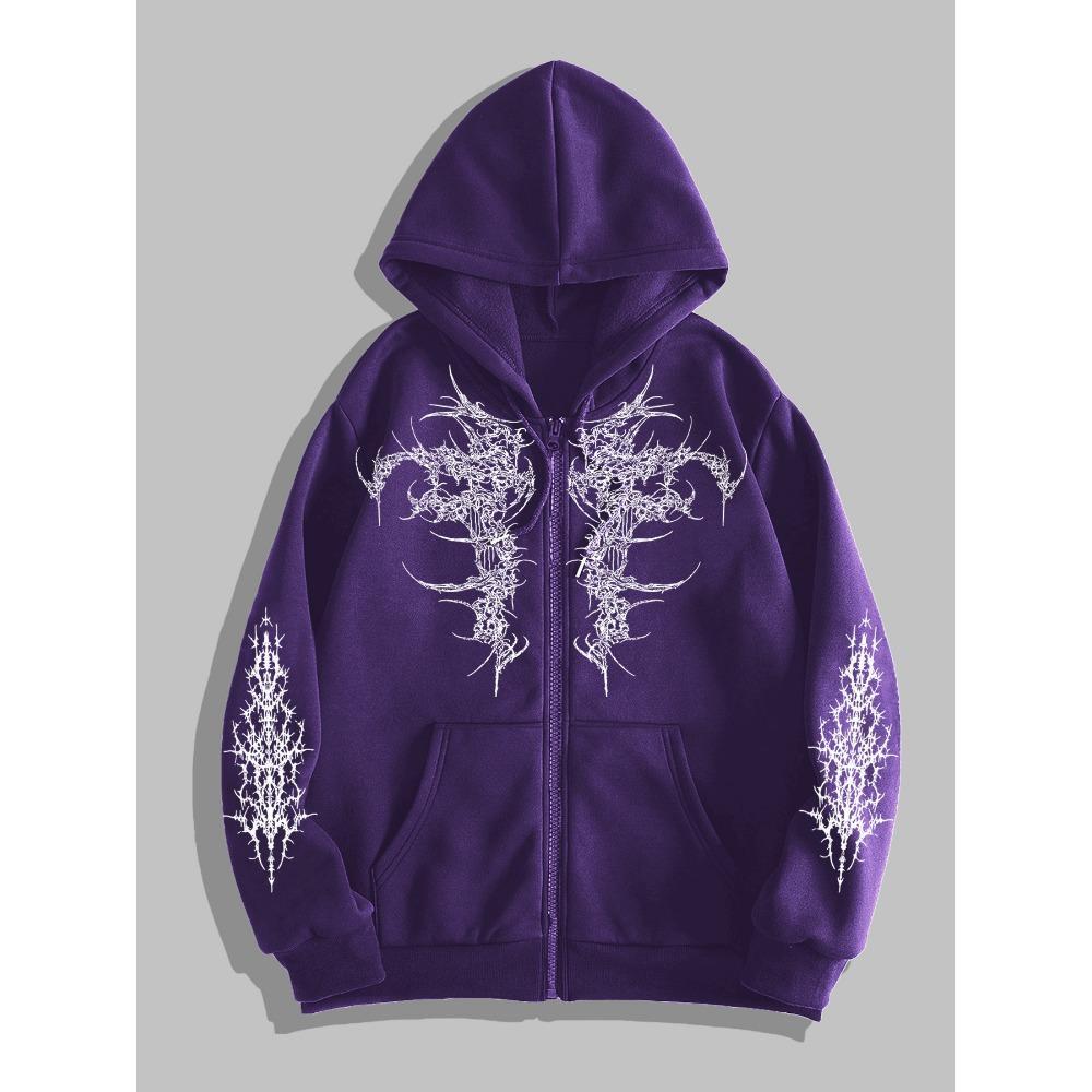 Men s Original Thorn Print Design Zipper Hoodie, Suitable for Casual Occasions, Fashionable Street Trend Zipper Hoodie S