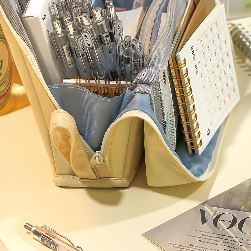 Large-capacity Upright Pen Case, Multi-compartment Design with Mesh Pocket, Cosmetic Storage Bag