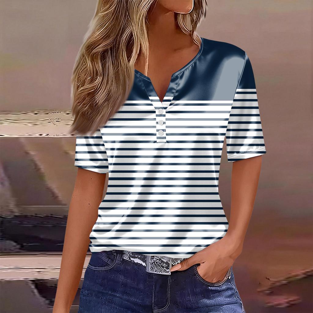 Women's Fashionable Casual Plaid Polka Dot Print Collar Short-sleeved Button T-shirt Top