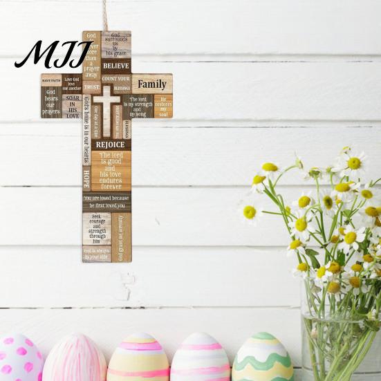 Farmhouse Living Room Decor Easter Wooden Cross Ornament, Rustic Hanging Pendant with Hemp Rope Faith Wall Sign for Decor, Religious Home Decoration,