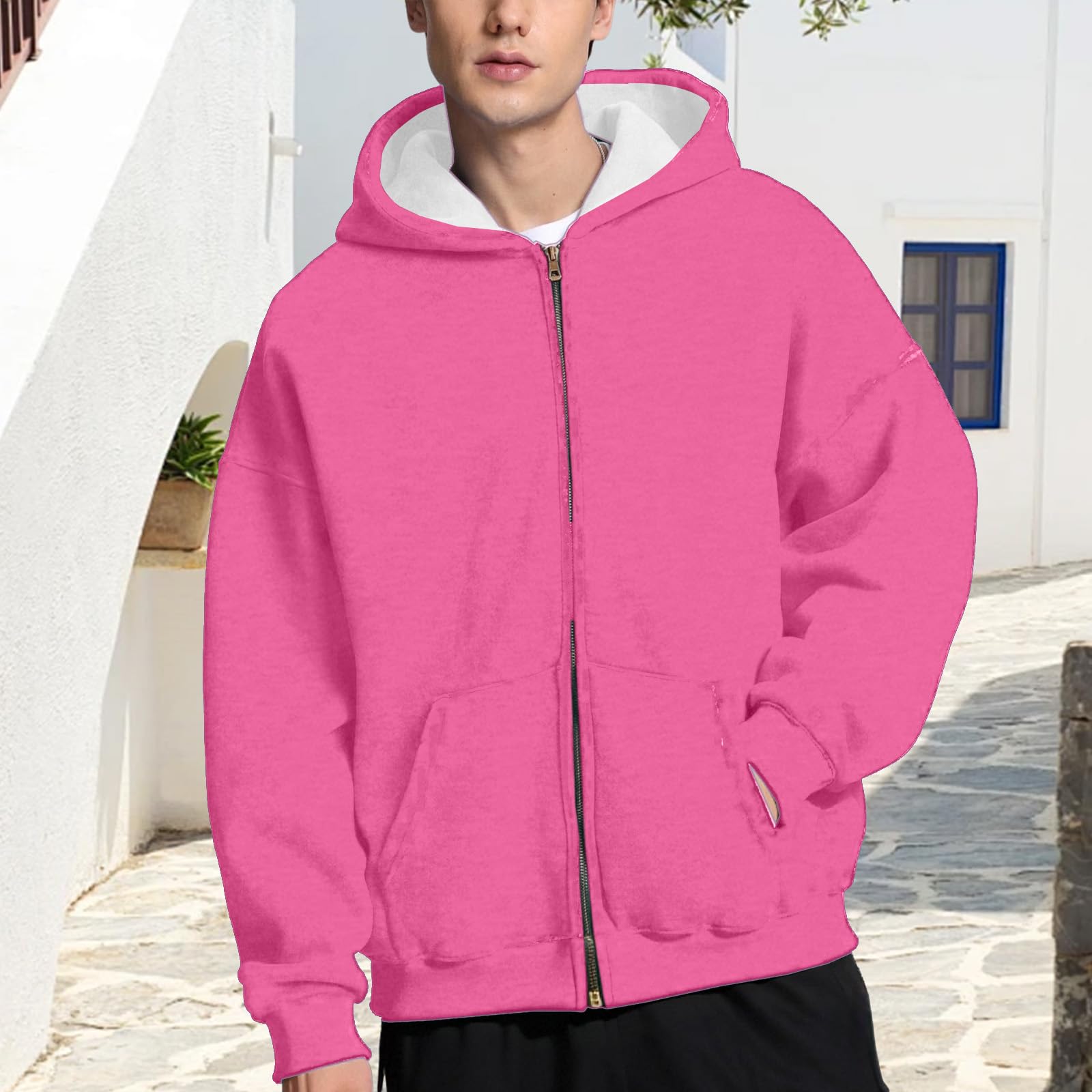 

Мужские худи флисовые толстовки с капюшоном на молнии с длинным рукавом толстые пуловеры зимняя осенняя верхняя одежда XL розовый