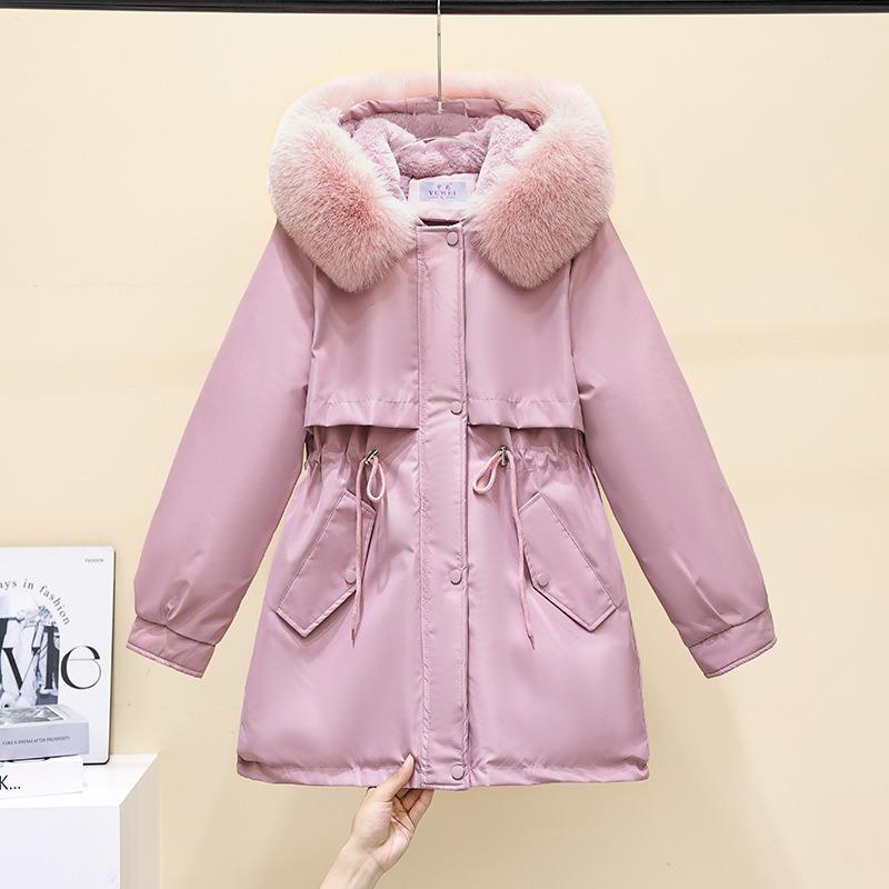 Pie overcome women's winter new waist and thin hooded big fur collar plush cotton clothes medium and long jacket cotton clothes
