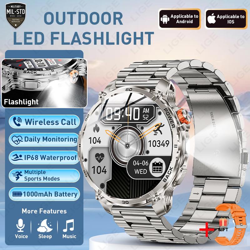 New Men Military Outdoor 1000mAh Battery Smart Watch Flashlight IP68 Waterproof 1.7-Inch HD Bluetooth Call Smartwatch