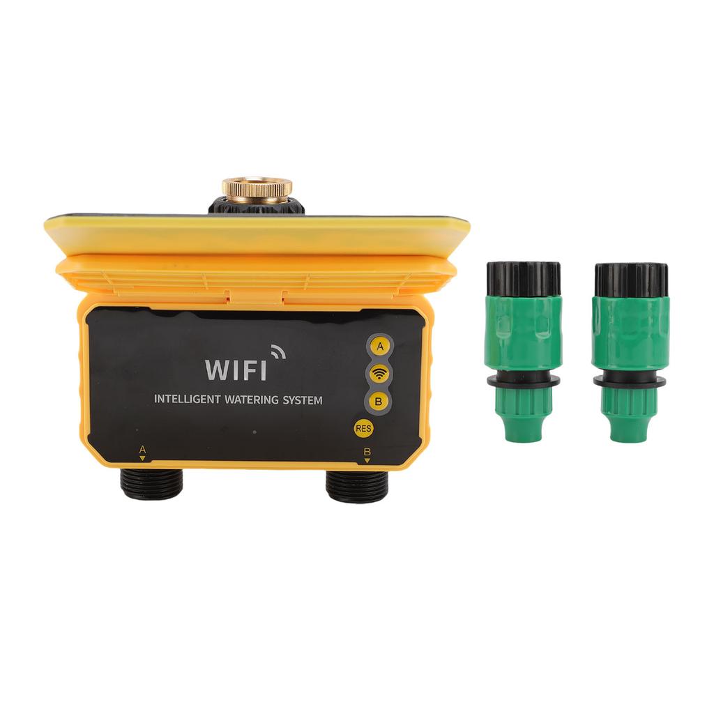 Smart WiFi Water Timer App Control Rain Sensor 2 Zone Solar Powered Sprinkler Timer with Double Water Outlet for Garden