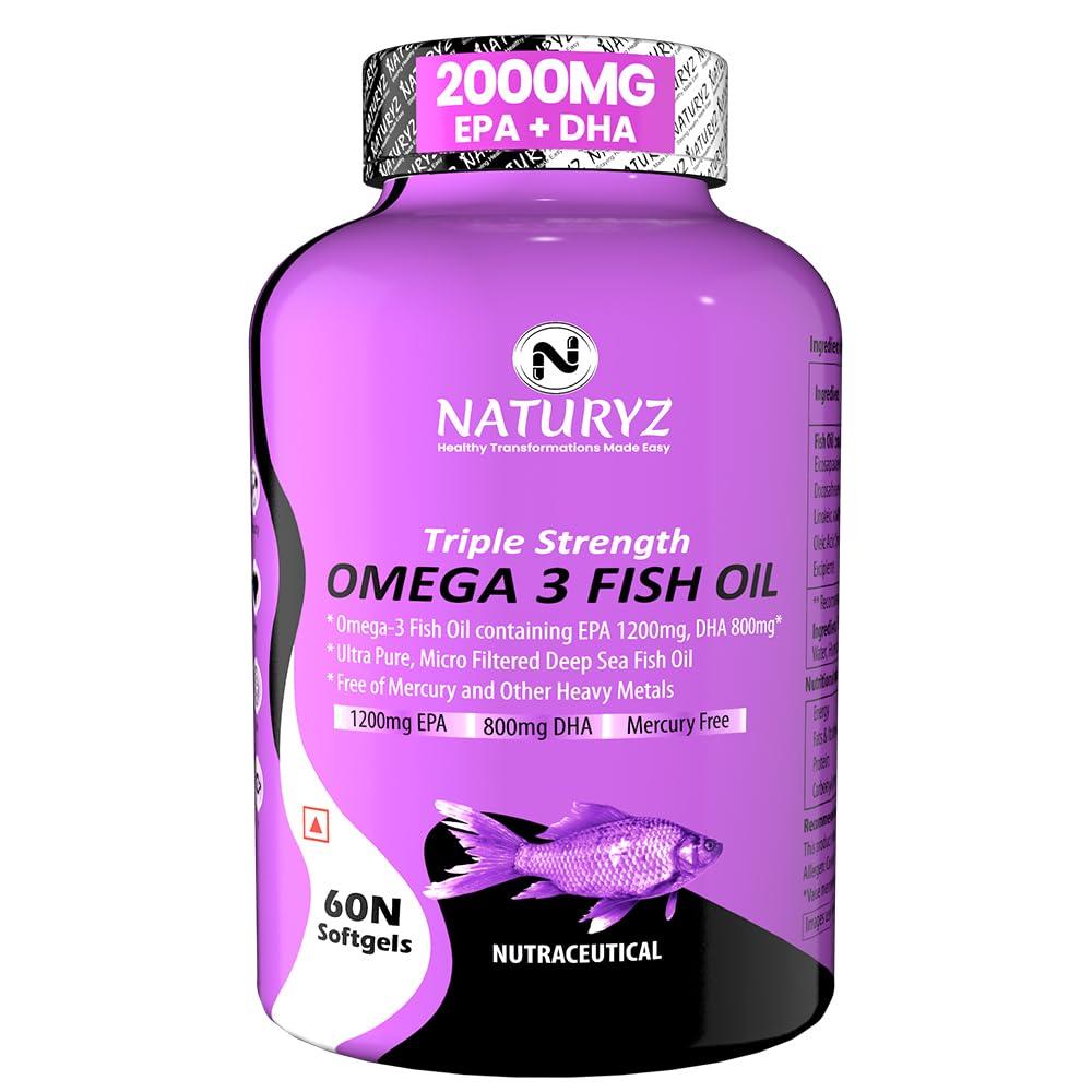 Naturyz Triple Strength Omega 3 Fish Oil with Highest Strength 2450 mg, 60 Capsules, Omega 3-6-9 Per Serving (EPA 1200mg DHA 800mg) Capsules For