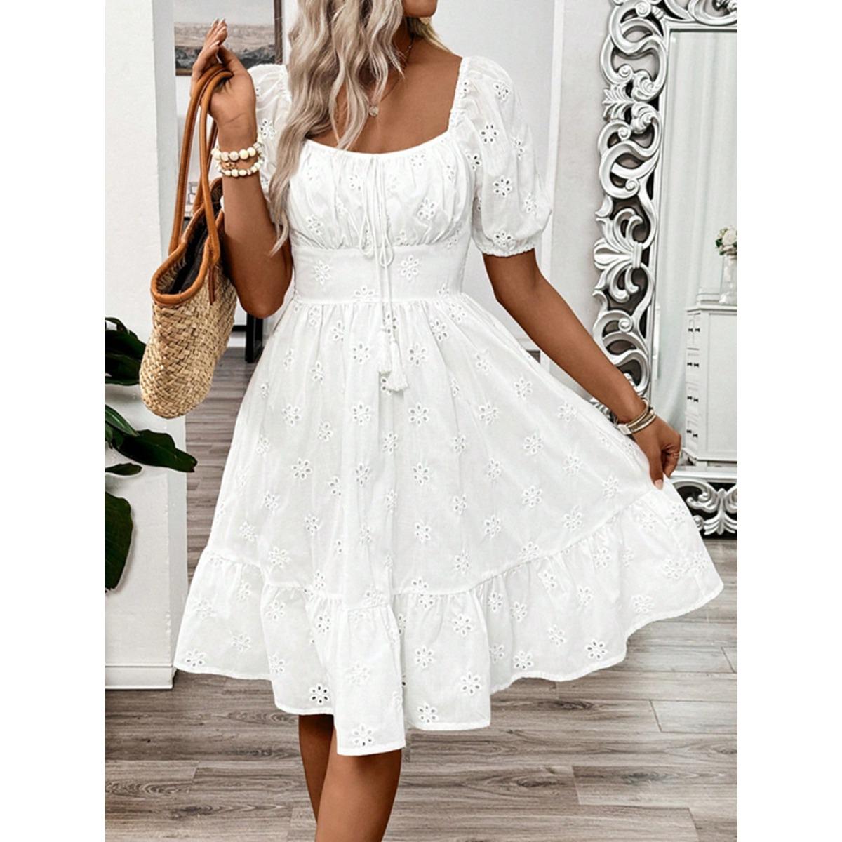 

2026 Spring Summer Women s Solid Color Square Neck Short Sleeve Casual Midi Dress Cross-border Foreign Trade Ladies Elegant Dresses S белый