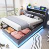 Paturi Tapițate pentru Copii 90*200cm, cu Lumini Schimbătoare de Culoare și Priză USB, Tăblie Pliabilă, cu Spațiu de Depozitare Hidraulic, Material Textil In Gri