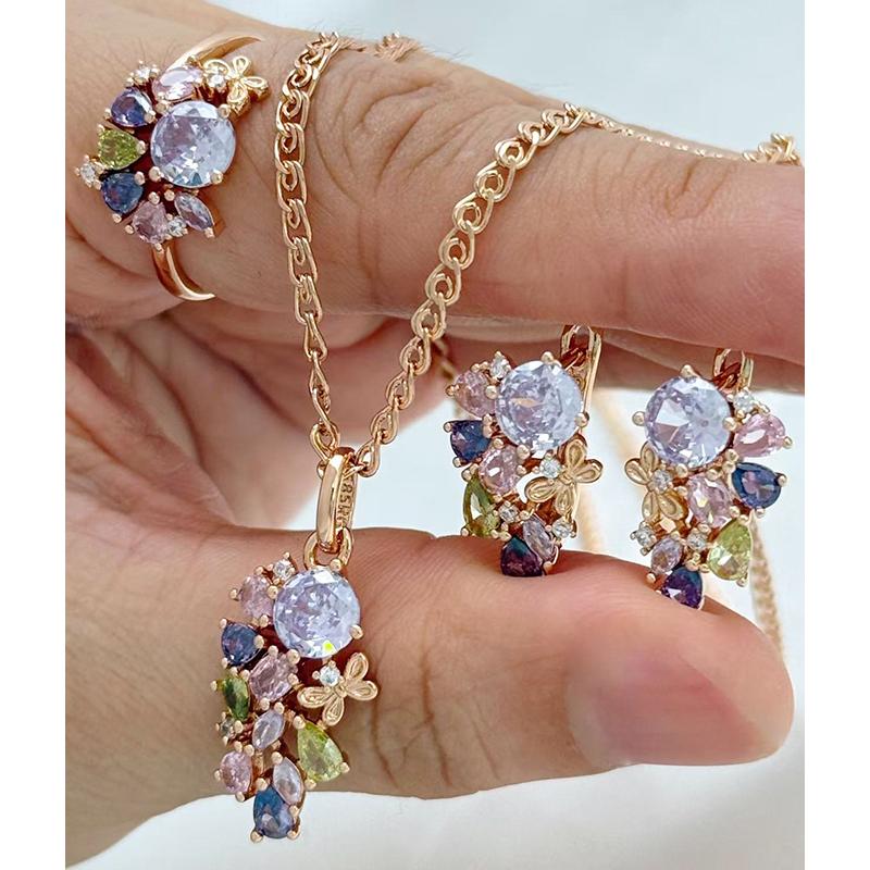 Hot 585 Rose Gold Ethnic Vintage Women Jewelry Sets Mix Colorful Natural Zircon Ring Earrings Necklace Daily 3pcs Jewelry