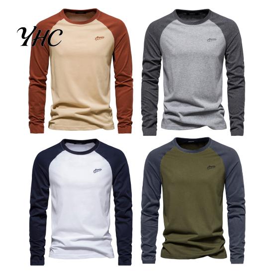 Long Sleeve Elastic Cuffs Top Men Raglan T-shirt O-Neck Patchwork Color Pullover Tops Loose Fit Breathable Casual Tees