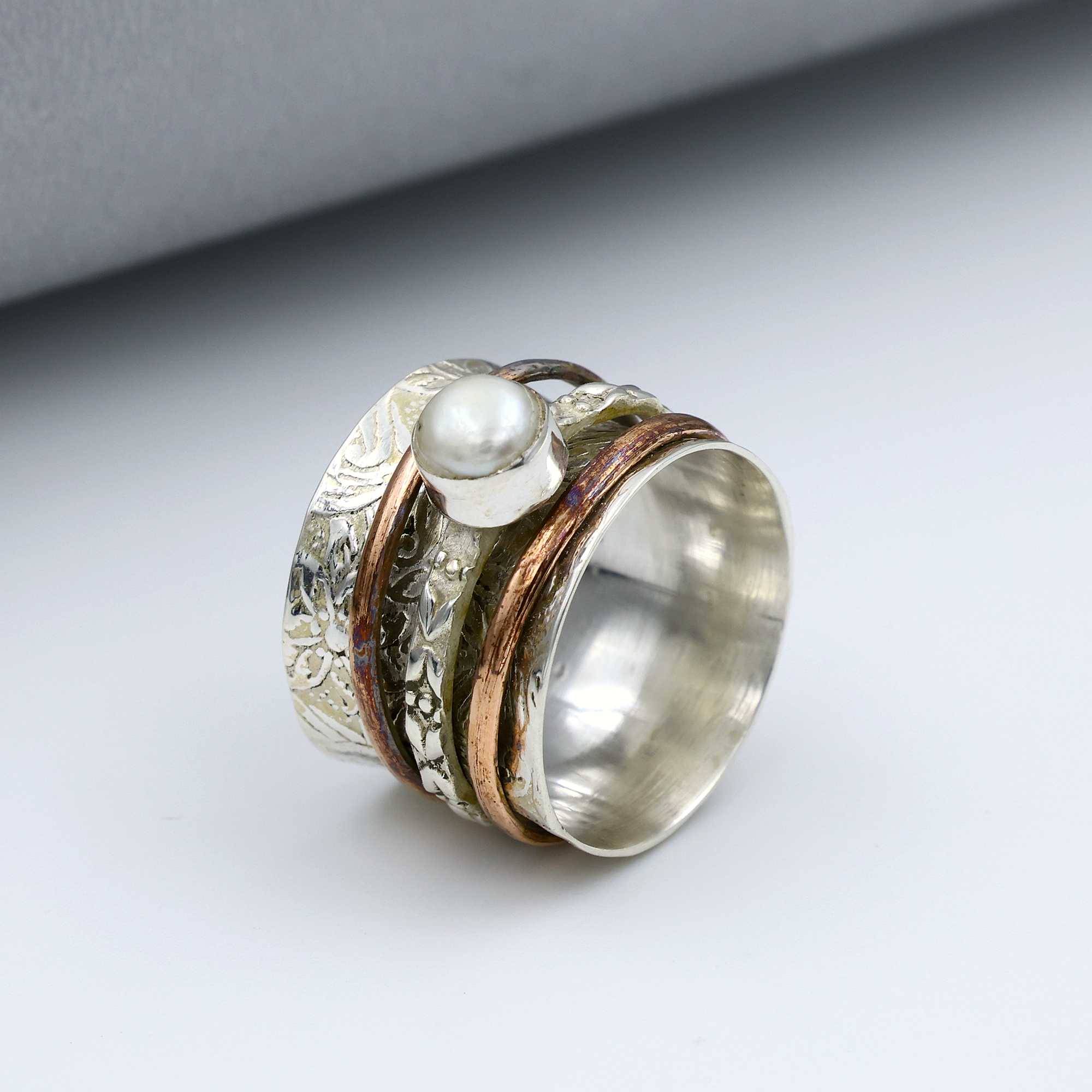 

Кольцо из стерлингового серебра 925 пробы, Кольцо с белым жемчугом, Двухцветное кольцо, Кольцо в богемном стиле, Дизайнерское кольцо, Серебряные украшения 10