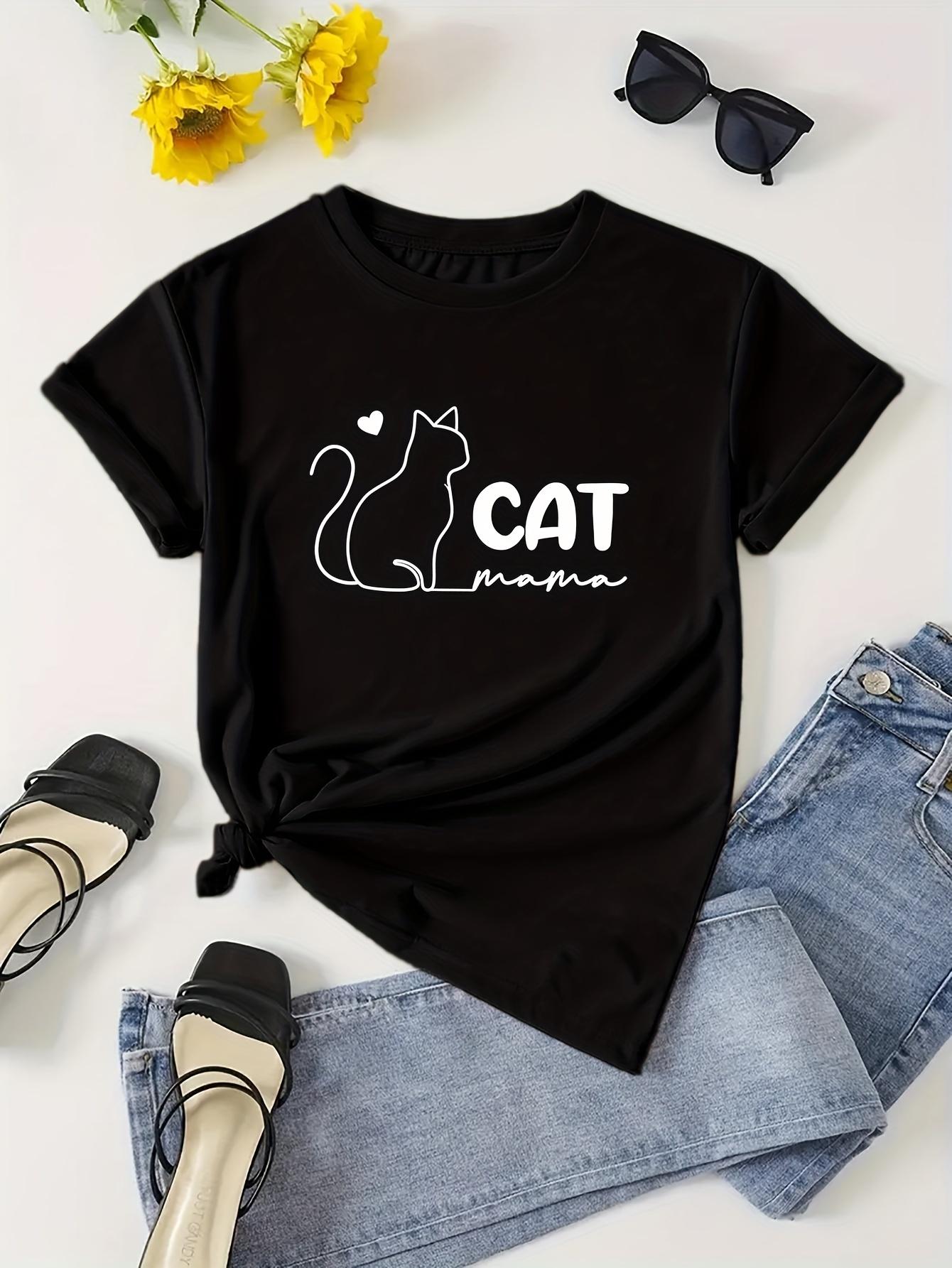 

Cat Mama Print Tshirt Casual Short Sleeve Crew Neck Top For Spring Summer Womens Clothing S