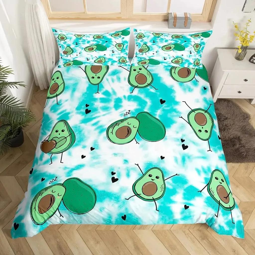 Avocado Duvet Cover Set Queen Size 3D Printed Cartoon Funny Faces Avocado Bedding Set Green White,Tropical Botanical Quilt Cover