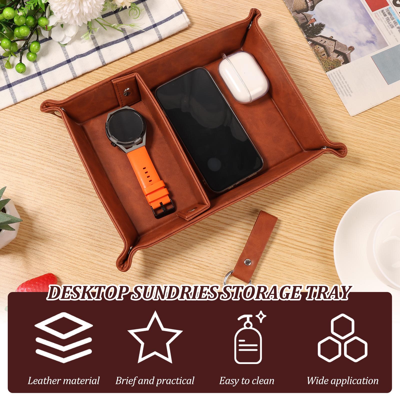 PU Leather Storage Tray Folding Valet Tray for Glasses Mobile Phone Earphones Key Wallet Sundries Desktop Bedside Organizer marrone