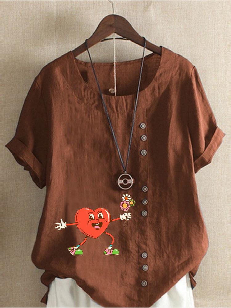 Women's Fashion Heart Shaped Floral Print Round Neck Short Sleeve T-shirt Summer Casual Cotton Linen Graphic Shirt Leisure Loose Blouse Tops