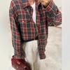 Women's Point Collar Long Sleeve Plaid Shirt Loose Fit Streetwear Blouse With Chest Pocket Spring Casual Oversized Tunic Shirt