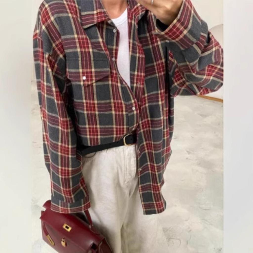 Women's Point Collar Long Sleeve Plaid Shirt Loose Fit Streetwear Blouse With Chest Pocket Spring Casual Oversized Tunic Shirt