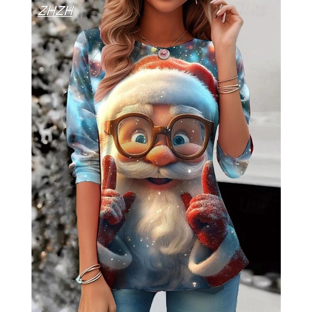 Spring and Autumn Round Neck Santa Claus Pattern 3D Printed Top Fashionable Casual Long Sleeved Women's T-shirts