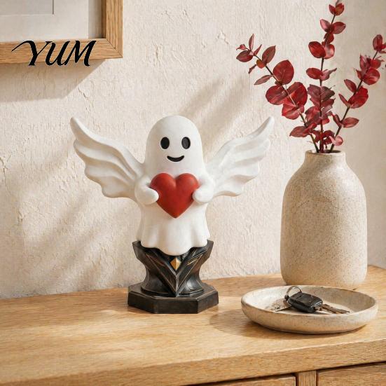Halloween Desktop Decoration Angel Ghost Statue, Smiling Holding Heart Figurine, Cute Romantic Modern Aesthetic Room Decor Sculpture for Valentine's