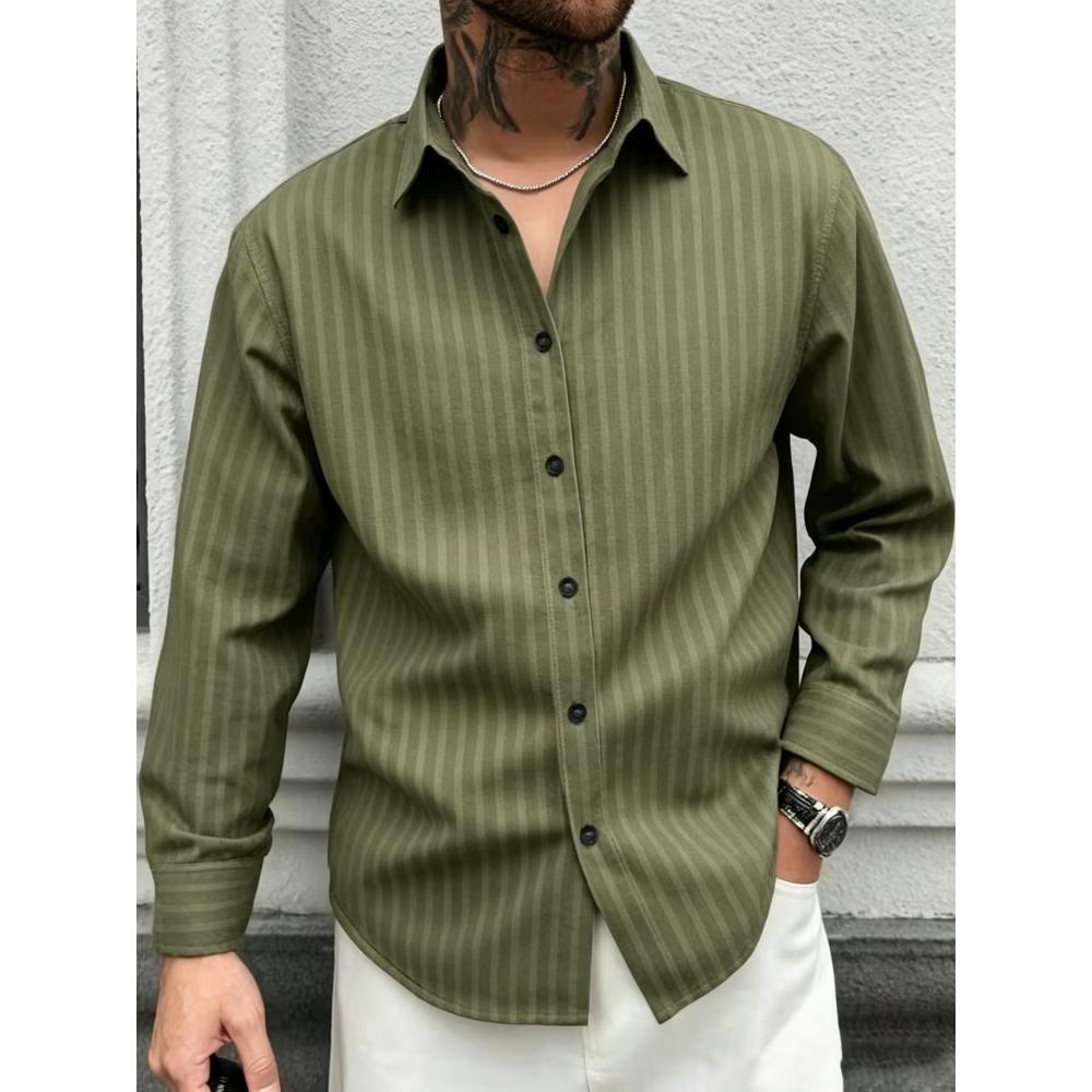 Men's Slim Vertical Striped Long Sleeved Shirt, Loose Collared Casual Shirt, Simple and Versatile Men's Top for Daily Commuting