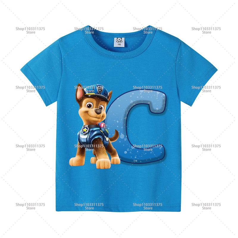Cute PAW Patrol Blue T-shirt Boys Clothes Letter A-Z Printed Short Sleeve Cartoon Fashion Kids Birthday Toddler Cotton Tops Gift