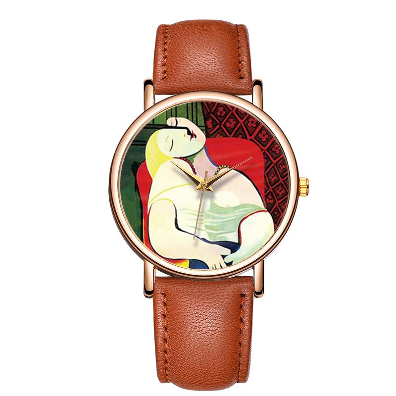 Temperament Ladies Quartz Watch Abstract Style Oil Painting Roman Numerals Genuine Leather Waterproof Quartz Wristwatch