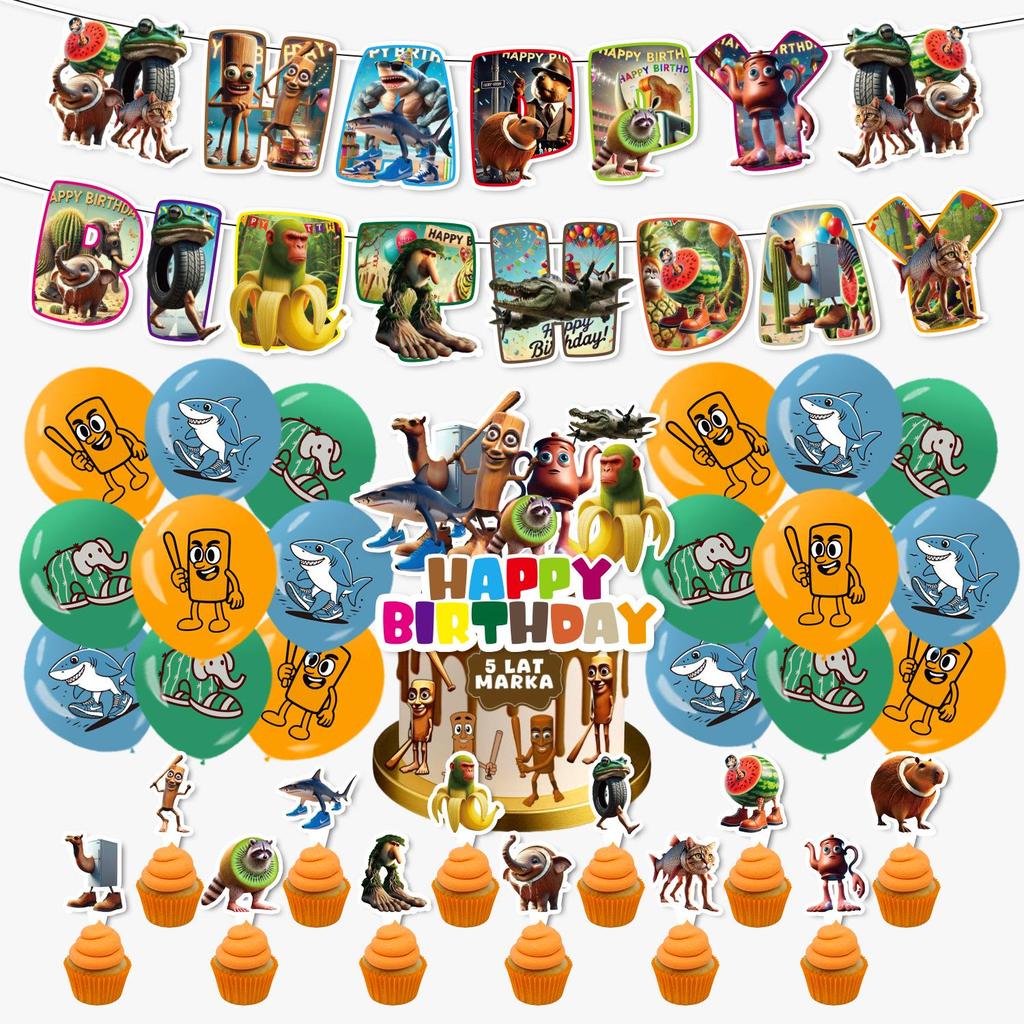 Available: Mountains and Seas Festival Scene Party Decoration Kit - Banner, Balloons, Pull Flags, Cake Toppers.