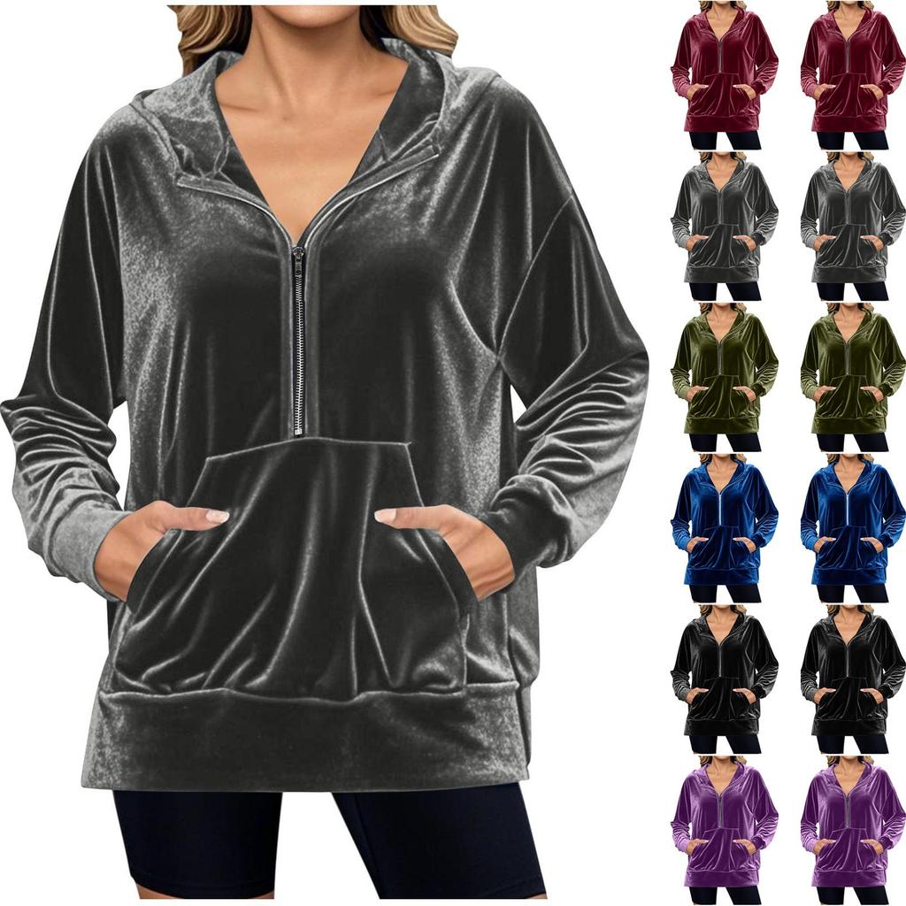 Damen Einfarbig Kapuzenpullover Locker Langärmlig Reißverschlusstasche Gold Samt Oberteil Sweatshirt