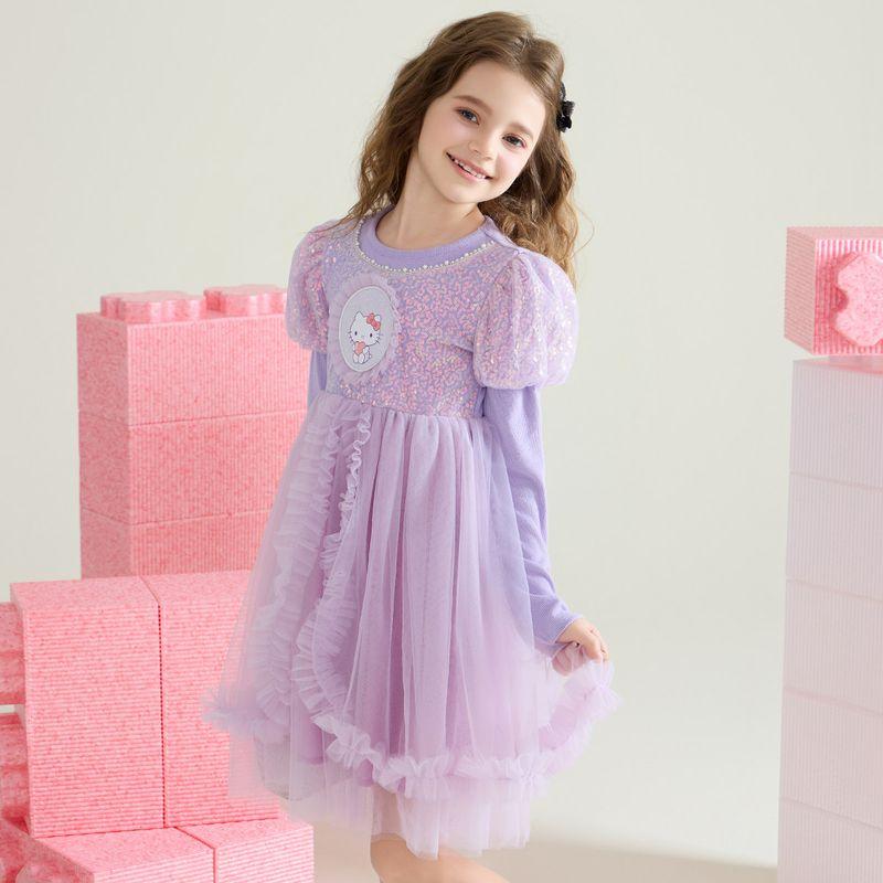 Hello Kitty Girls' Dress Spring and Autumn 2025 New Purple Little Girl Princess Dress Kidsren's Mesh Skirt