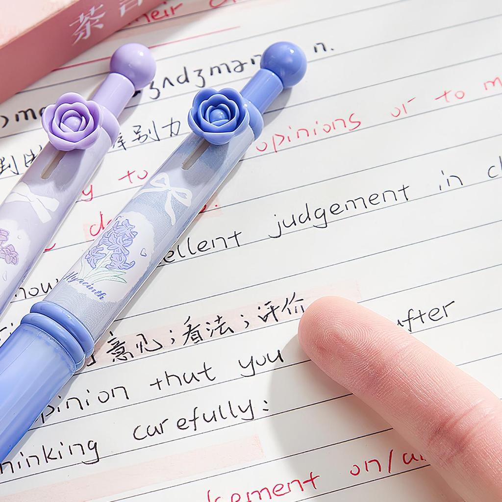 4pcs Lovely Flower Gel Pens Set, Pinch Grip Camellia Floral Pink Bowknot Star Dream Clip 0.5mm Black Color Ink for Writing