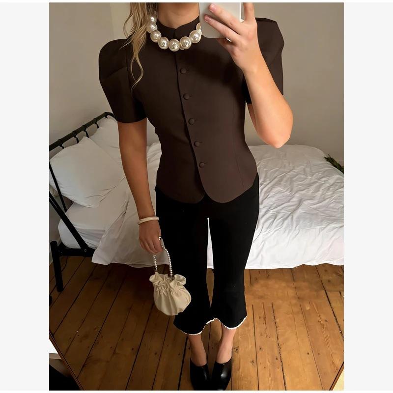 Blusa de Mujer con Mangas Abullonadas Elegante Detalle de Perlas Cuello Alto Botones Crop Top Vintage Oficina Casual
