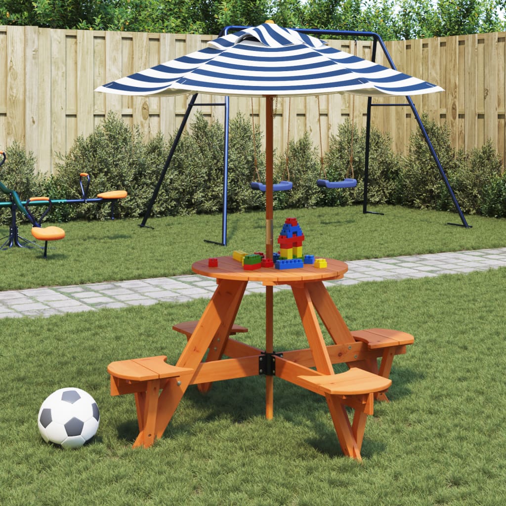 4 Child Picnic Table with Sun Umbrella Round Pine Wood
