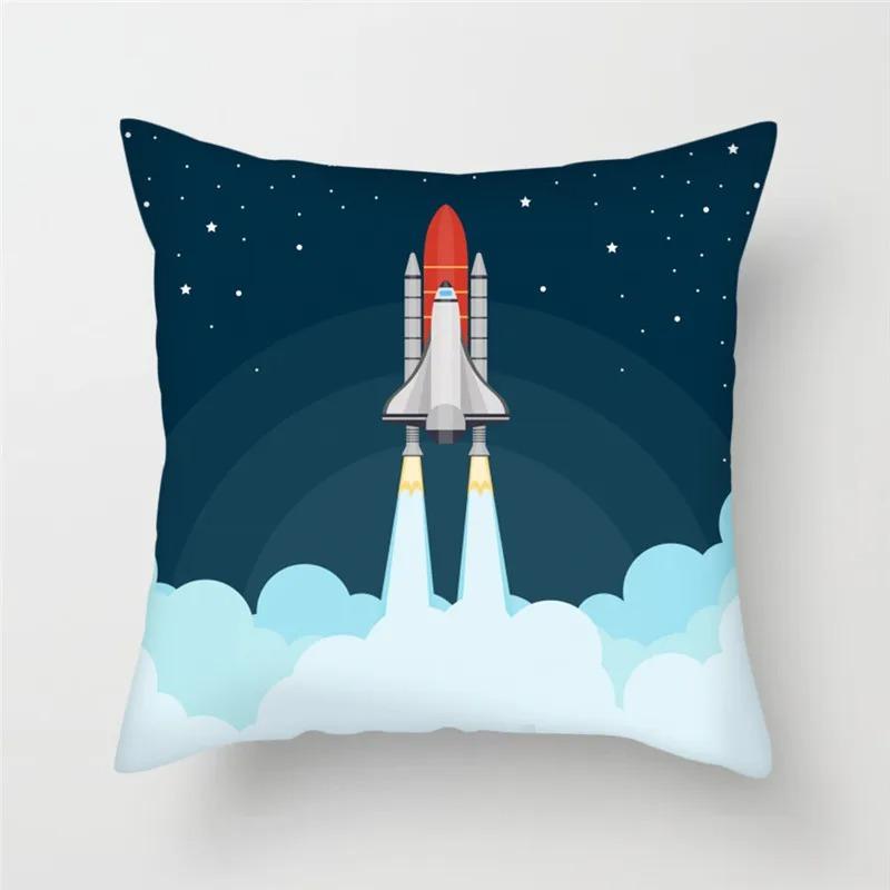 Cartoon Astronaut & Rakete Raumschiff Kissenbezug Deko Weltraum-Thema Kissenhülle für Sofa Schlafzimmer, Galaxie-Druck Kissenbezug