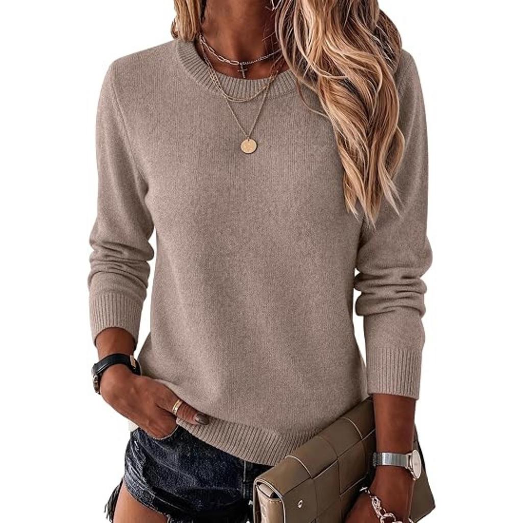 Women's Casual Crewneck Knit Sweater Long Sleeve Color Pullover for Fall Winter