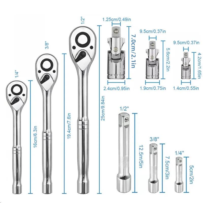 Set di chiavi a cricchetto Fly: Grande, Medio, Piccolo - Dritto 24T, Curvo 72T, Sgancio Rapido, Reversibile, Attrezzi per Riparazioni Auto