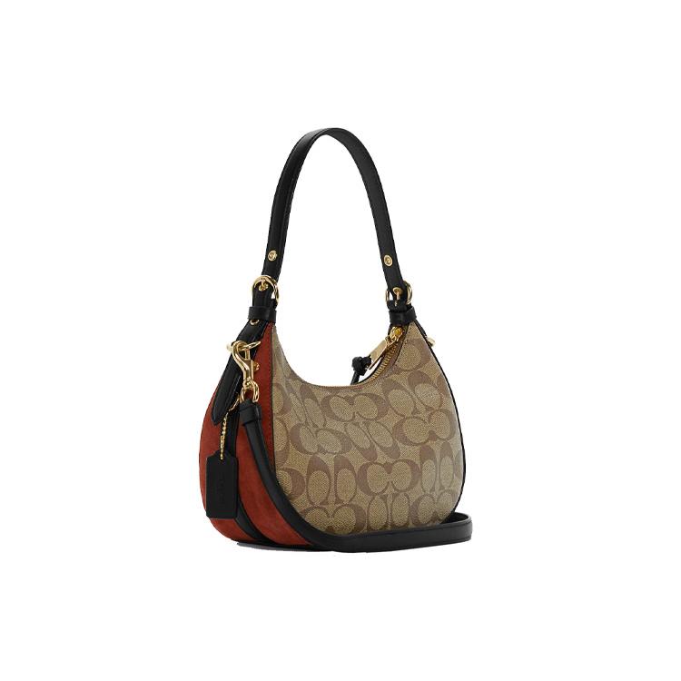 New COACH Kleo Canvas With Leather And Suede Shoulder Bag Portable Crossbody Bag Shoulder Bag Women's Khaki/Brick Red C6809-IME7V