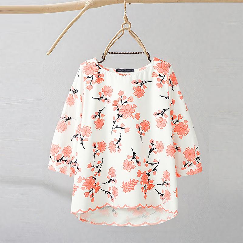 

ZANZEA Женская повседневная блузка с круглым вырезом, рукавами 3/4, свободного кроя, с цветочным принтом XL розовый