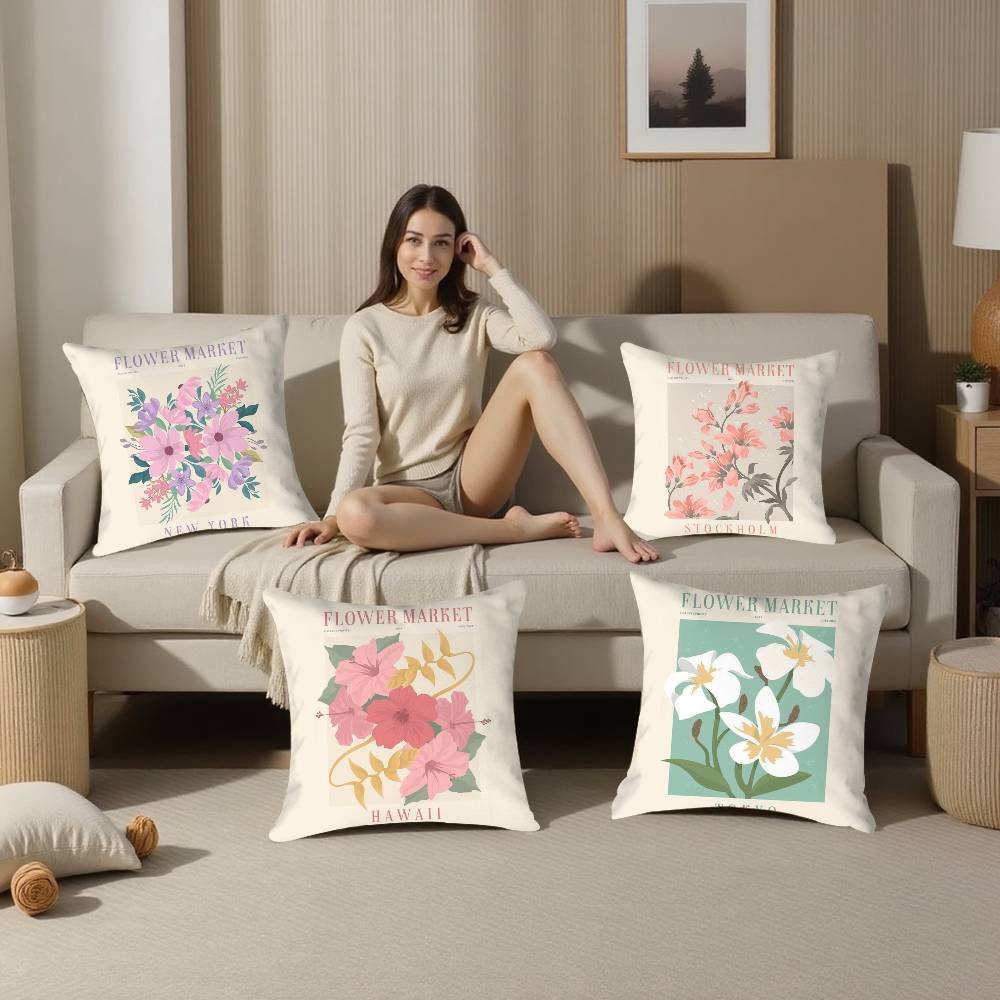 Classic Flower Market Pillow Case Plush Fabric Soft Double Sided Print Sofa Cushion Cover Throw Pillow Covers