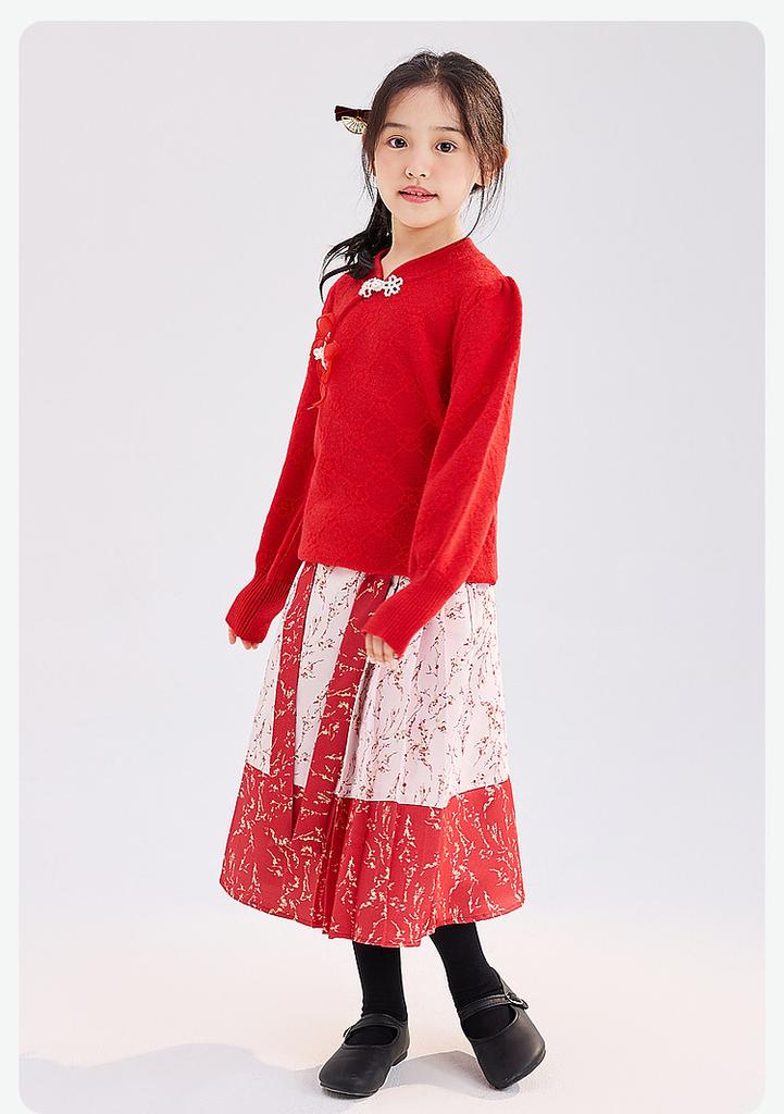 Flower Jacquard National Style Woolen Sweater - Girls' New Year's Clothing, Winter Mid Year, Children's Hooded Warm Sweater