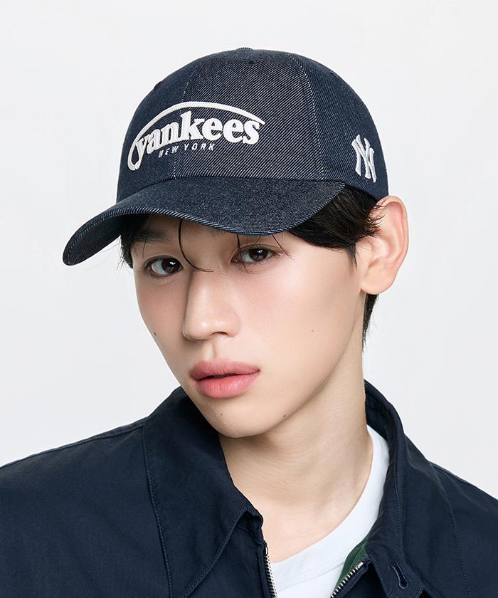 Emelbi Vintage Denim Curve Logo Unstructured Ball Cap Ny (Indigo)