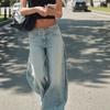 Jeans da Donna a Vita Bassa in Denim Lavato Gamba Dritta Larga Casual Streetwear Vestibilità Larga