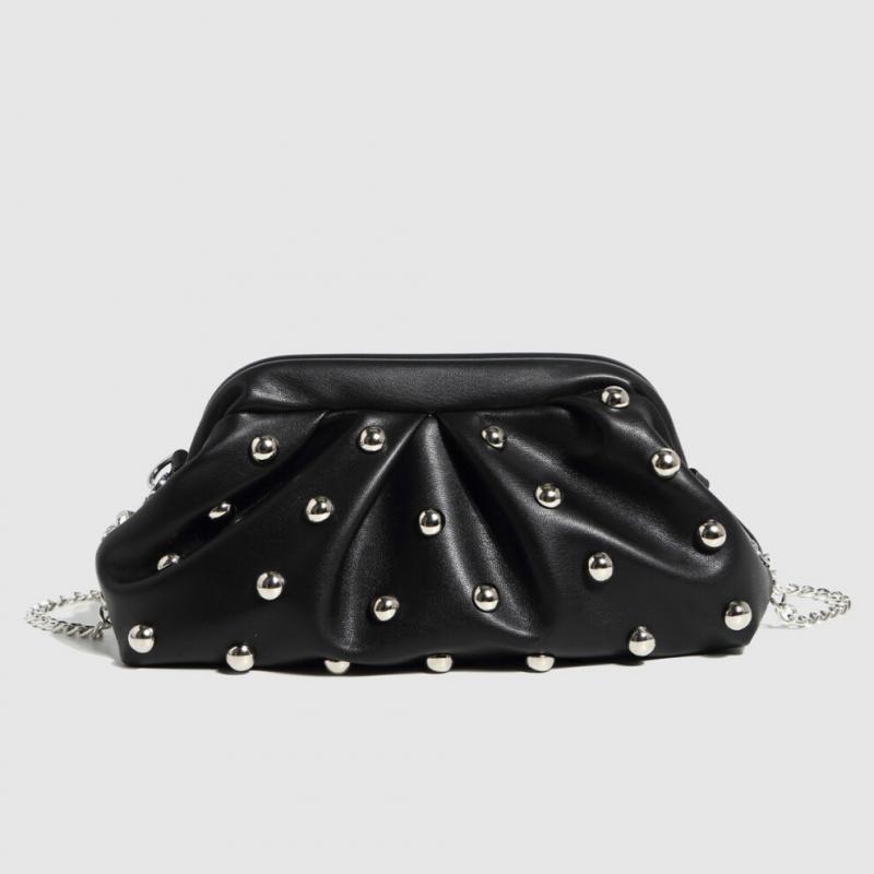 Trendy Shoulder Crossbody Clutch Bag with Mushroom Studs Chain Wrinkled Design Women's Fashion Underarm Bag for Multiple Occasions