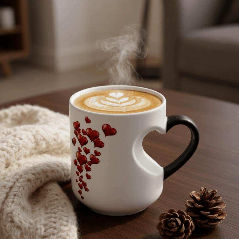 Red Hearts Pattern Heart-Shaped Mug Heart Handle Design Magic Ceramic Cup  Romantic Occasions