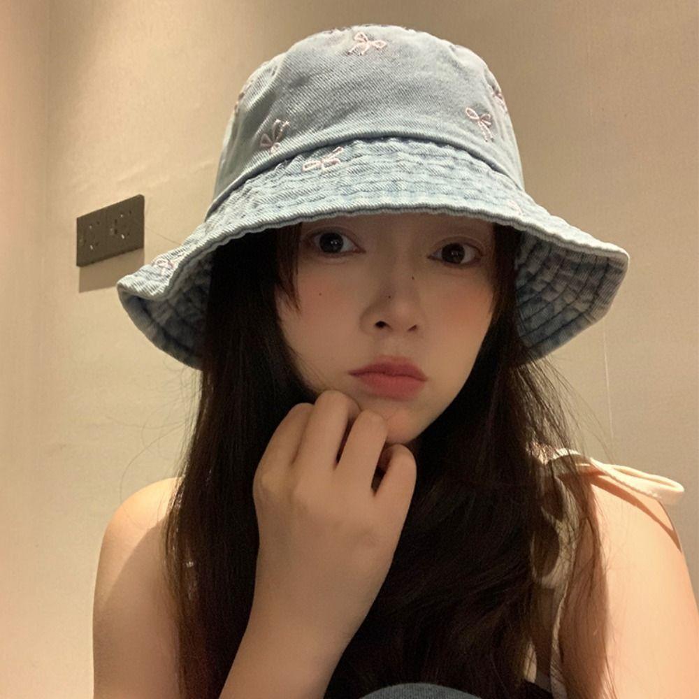 Outdoor Bowknot Cowboy Fisherman Hat Big Brimmed Covering Basin Hat Y2K Denim Bucket Hat  Lady