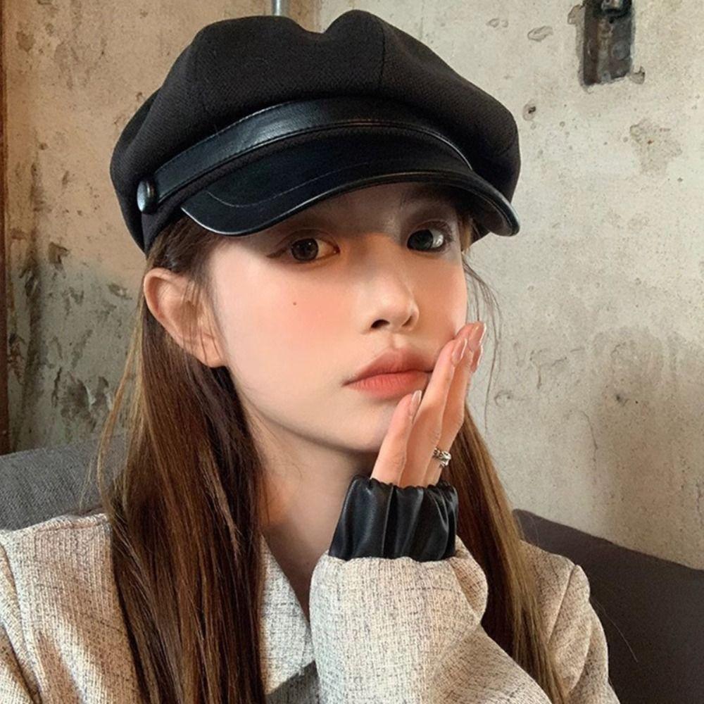Autumn Winter Women's Beret Retro Style Painter Hat Fashion Pu Leather Beret  Lady