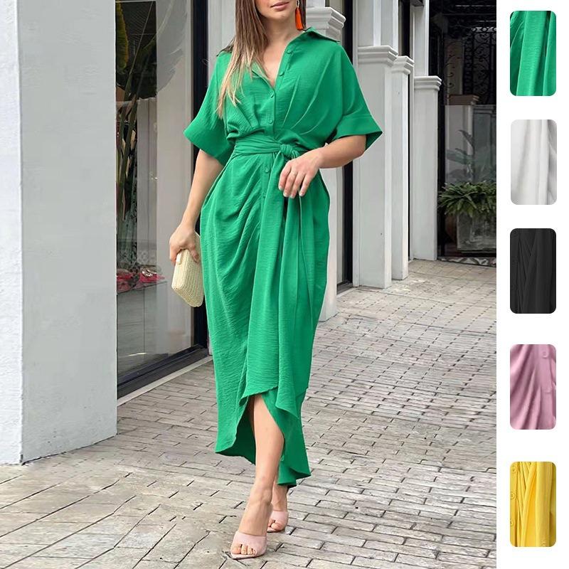 Women Casual Turn Down Collar High Waist Long Shirt Dress