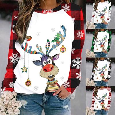 Women's Casual Fashion Christmas Print Long Sleeve O-Neck Pullover Top