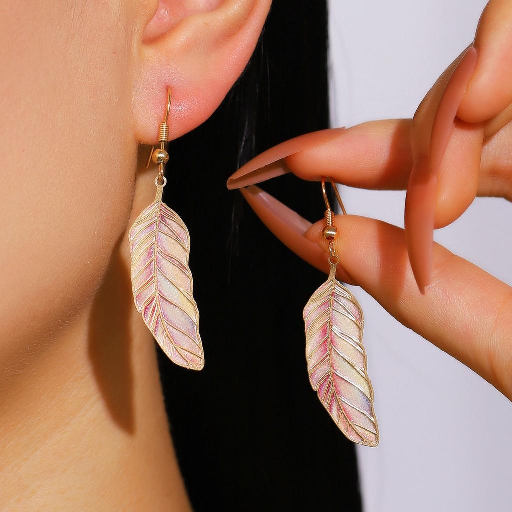 Gradient Feather Dangle Earrings Iridescent Enamel Leaf Drop Earrings Gold Tone Hook Earrings for Women