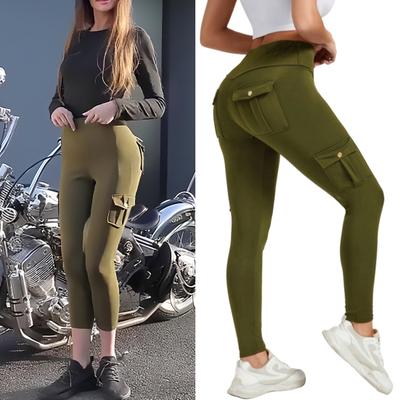 Women High Waist Cargo Leggings with Pockets Tummy Control Hip Lifting Yoga Workout Tight Pants Stretch Body Shaping Skinny Trousers