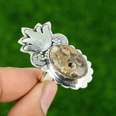 Turritella Achat Stein Sterlingsilber Verlobung Einzigartiger Statement Ring Schmuck